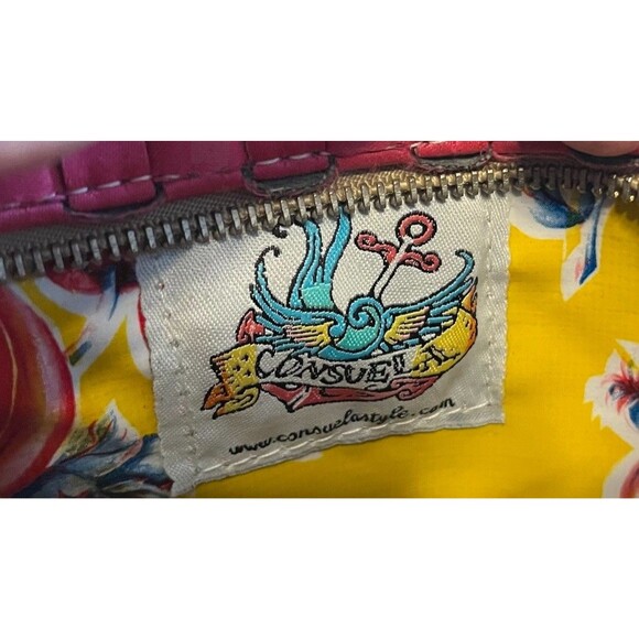 Consuela Pink Woven Large Wristlet Clutch Brown Leather Trim Embroidered Floral - Picture 6 of 6